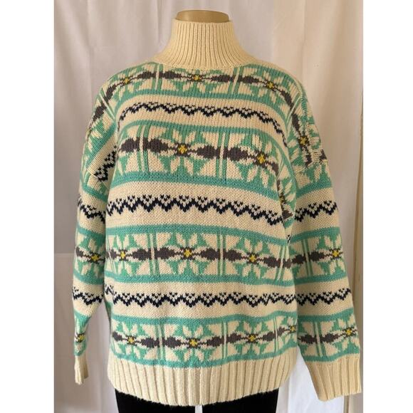 American Eagle Fair Isle Turtleneck Sweater Oversized XS Green / Beige Y2K Boho - Picture 1 of 6